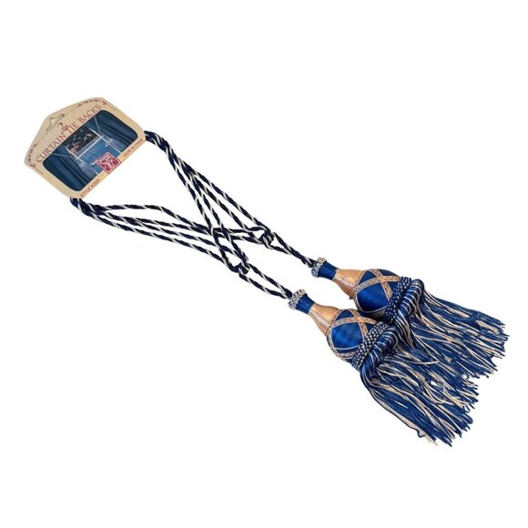 Elegant Blue Gold Curtain Tieback Craft Decor VTG Tassel Cord Set of 2 Regal DIY - Picture 3 of 12